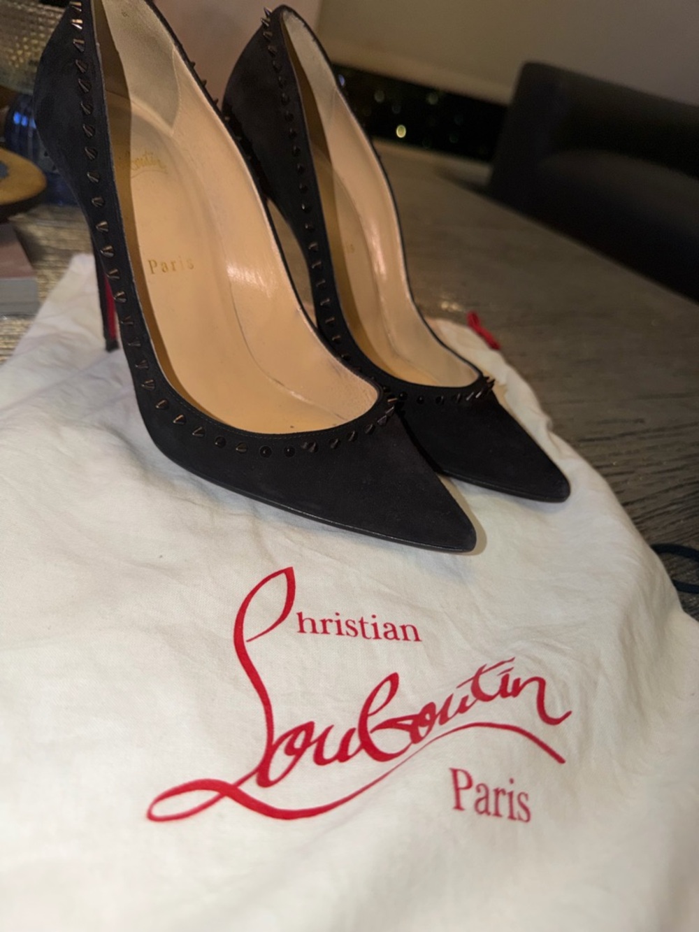 Christian Louboutin Black Suede Pointed Spike-Trim Pumps